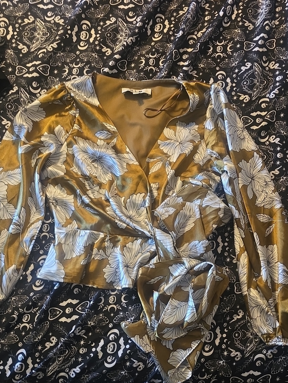Satin Olive Green Floral Wrap Blouse with Tie